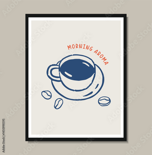 Breakfast doodles poster. Vector illustration of coffee cup, crayon drawing style