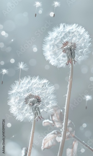 Wallpaper of flying dandelion plant with a beautiful nature background Generate AI