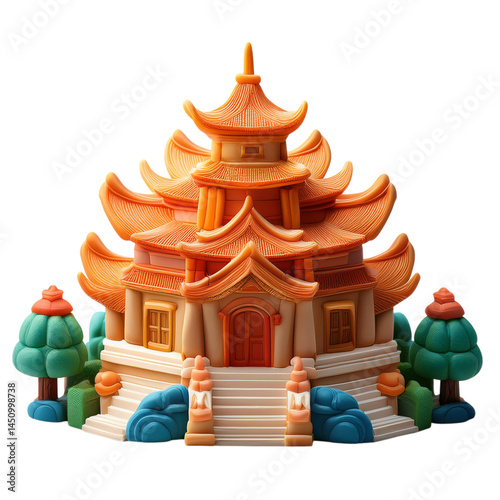 Vibrant Asian Pagoda Surrounded by Colorful Trees and Nature Elements