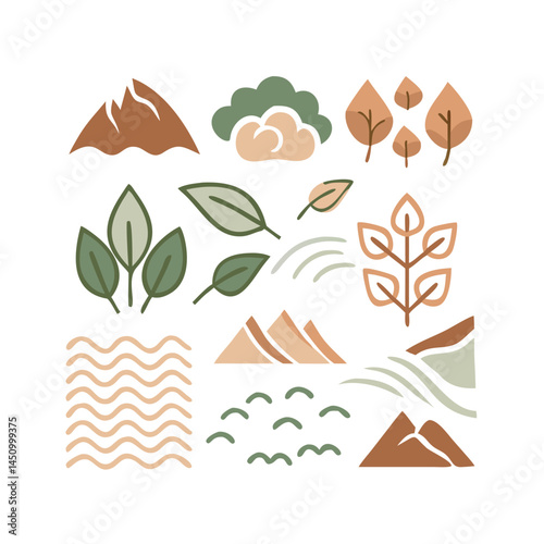 Minimalistic Nature Icon Collection Featuring Mountains Trees And Water Elements On Black