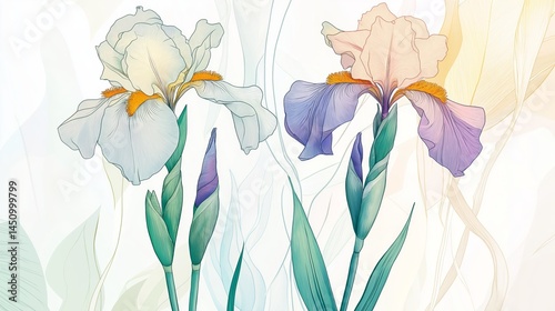 Elegant Iris Flower Illustration in Soft Pastel Tones with Buds and Leaves – Delicate Botanical Watercolor Artwork with Light Purple and Peach Petals
