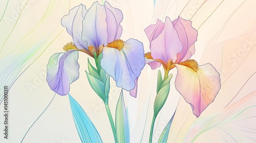 Delicate Pastel Iris Flowers Illustration with Soft Gradient Lines – Elegant Botanical Artwork Featuring Light Pink, Lavender, and Blue Petals
