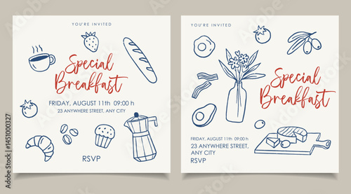 Breakfast hand draw invitation party set. Italian la dolce vita, crayon drawing style
