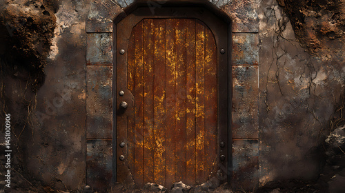 Fototapeta Naklejka Na Ścianę i Meble -  An old, rusted metal door with flaking paint that represents the levels of oxidative degradation. [Corroded Realms] | Oxidized Gates | flaked entry. Illustration