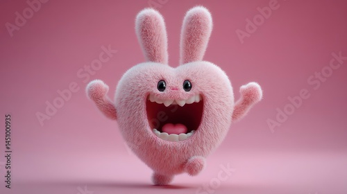 A fluffy pink creature with bunny ears joyful expression and playful pose for fun designs