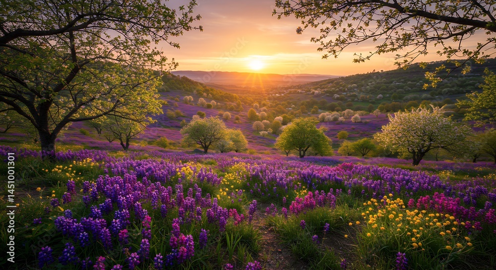 Obraz premium Sunrise or sunset over blooming wildflowers