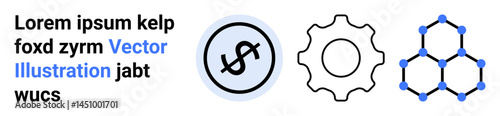 Dollar sign icon, gear outline symbolizing settings or industry, and hexagonal network representing connections. Ideal for finance, technology, innovation, settings, networking, industry simple