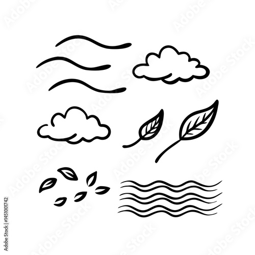 Hand Drawn Weather Elements Vector Clouds Wind Leaves And Waves Simple Line Art