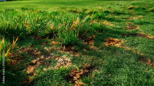 Green grass lawn with patches of dry, brown spots; close-up view of textured yard with a few overgrown and patchy areas needing maintenance