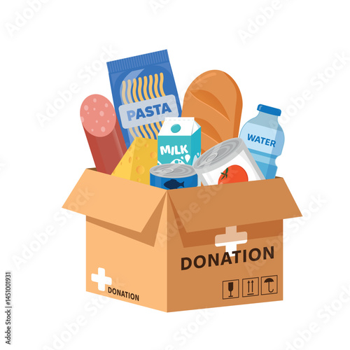 Donation box filled with food, bread, milk and cheese isolated on white background. Food donation concept. Vector Illustration of Cartoon cardboard donation box.