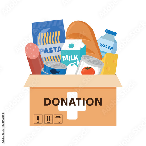 Donation box filled with food, bread, milk and cheese isolated on white background. Food donation concept. Vector Illustration of Cartoon cardboard donation box.