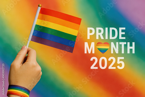 LGBTQ flag for Pride Month 2025. Rainbow flag in hand with Pride Month 2025 text on a vibrant rainbow background. Symbol of pride, equality, and LGBTQ+ support.
