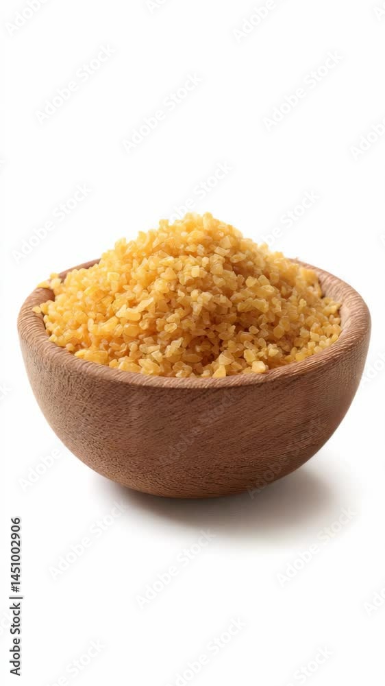 Close up of bulgur wheat in a rustic wooden bowl on a white background, offering a healthy and versatile food ingredient. Close up of bulgur wheat in a rustic wooden bowl on a white background, offering a healthy and versatile food ingredient.
