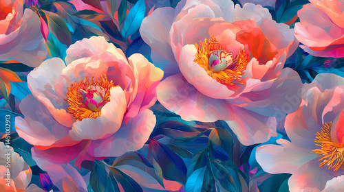 Bold peony blossoms, vibrant foliage infinite floral textile design , background, pattern, bloom. [Fractal Eden] | Recursive Gardens | infinite blossoms. Illustration
