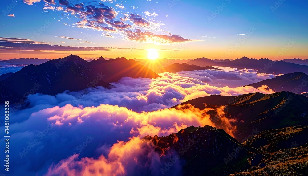 Naklejka premium Clouds stretch infinitely, kissed by sunlight. 