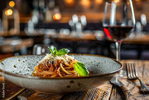 Spaghetti Bolognese in a deep dish on the table with a glass of red wine in the interior of the restaurant.