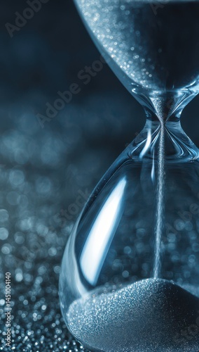A close-up of an hourglass with sand flowing, symbolizing the passage of time photo