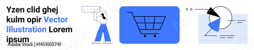 Hand holding device scanning, shopping cart icon, and abstract data analytics graphic. Ideal for online shopping, digital marketing, tech business, retail strategy, data visualization, user