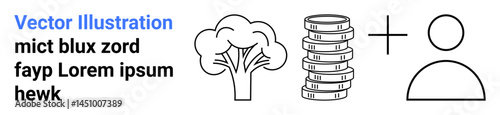 Tree, coin stack, and user outline combine to represent sustainability, growth, ecology, and community. Ideal for ecology, finance, community programs economy growth investment corporate