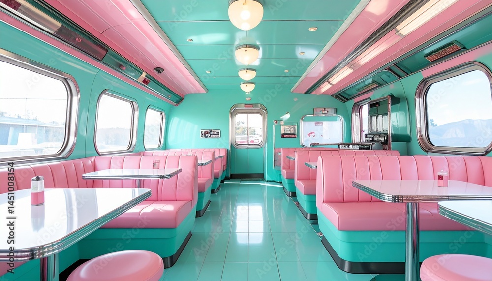 Fototapeta premium Vintage Space Diner Interior with Analog Tech and Retro Sci-Fi Uniforms