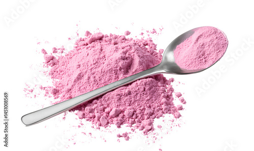 Dainty pink powder with a spoon, transparent background, PNG clipart illustration 