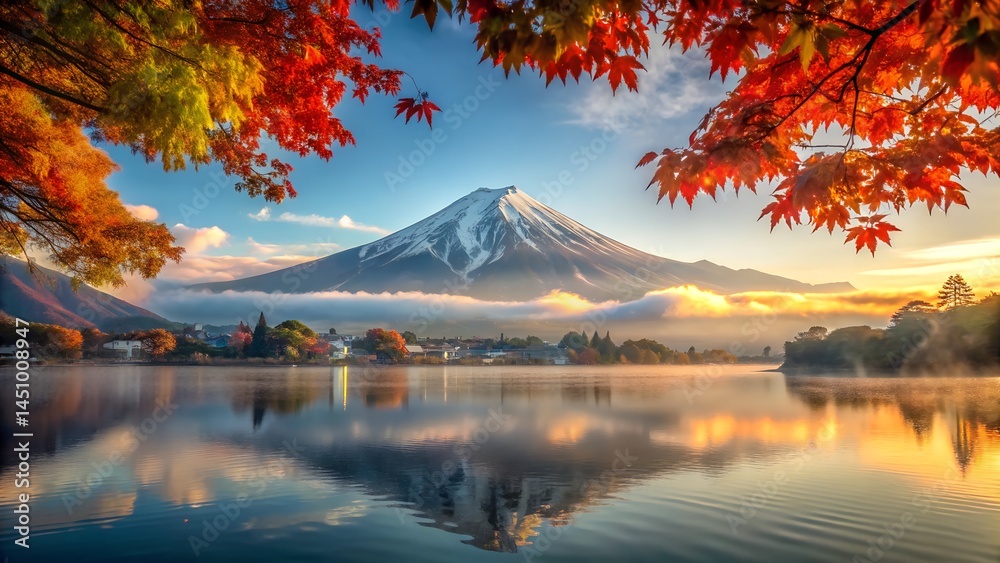 Fototapeta premium 48. Peaceful Autumn Lake Scene with Mount Fuji