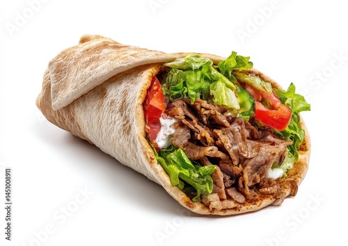 Delicious beef shawarma wrap with fresh vegetables.