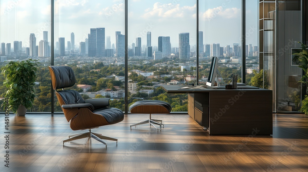Fototapeta premium Modern Office Space with Panoramic City View and Comfortable Seating Area