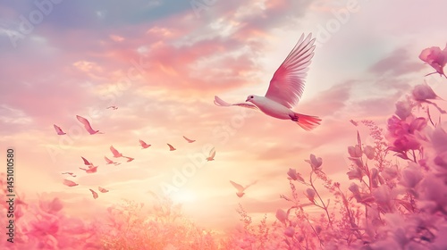 Digital illustration of a flock of white doves soaring against a radiant pink and orange sunset sky.