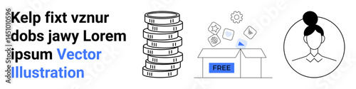 Stack of coins highlights monetary themes, open box labeled free implies giveaways or resources, female avatar conveys identity. Ideal for finance, e-commerce, giveaways, technology, user identity
