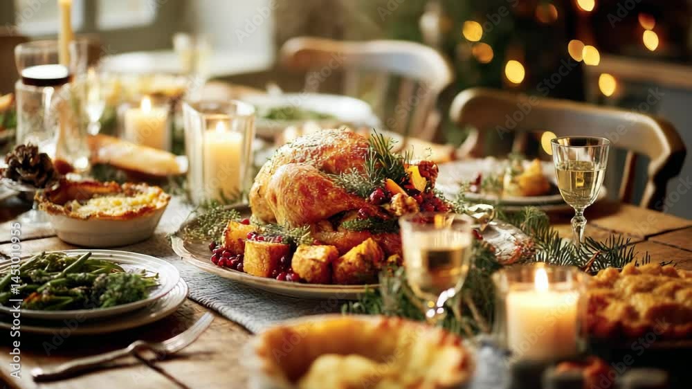 Festive Thanksgiving dinner setting with roasted turkey, vegetables, pie, candles, and wine glasses on a wooden table. Festive Thanksgiving dinner setting with roasted turkey, vegetables, pie, candles, and wine glasses on a wooden table.