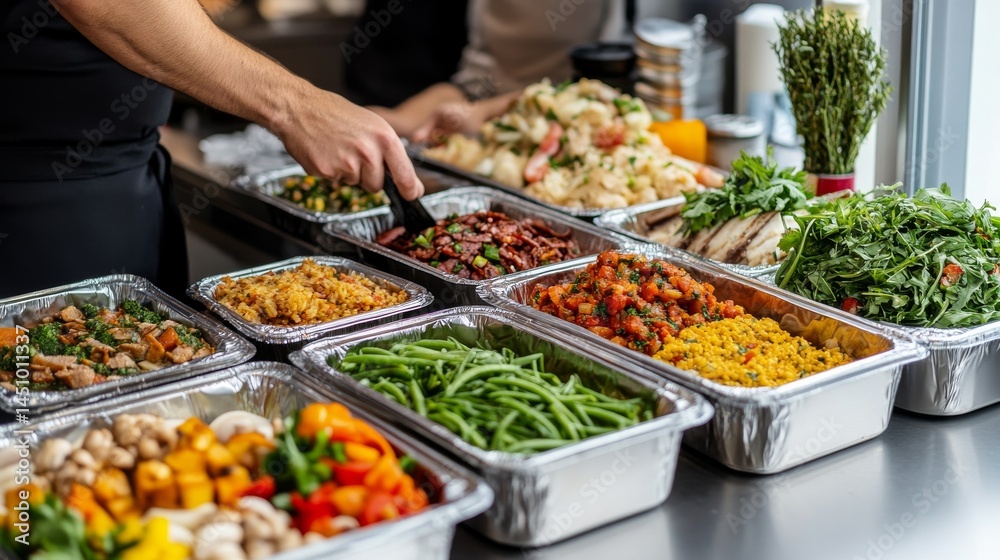 Chef Serving Salad Bar Buffet with Fresh Healthy Food Selection, Catering ,Foodservice Chef Serving Salad Bar Buffet with Fresh Healthy Food Selection, Catering ,Foodservice