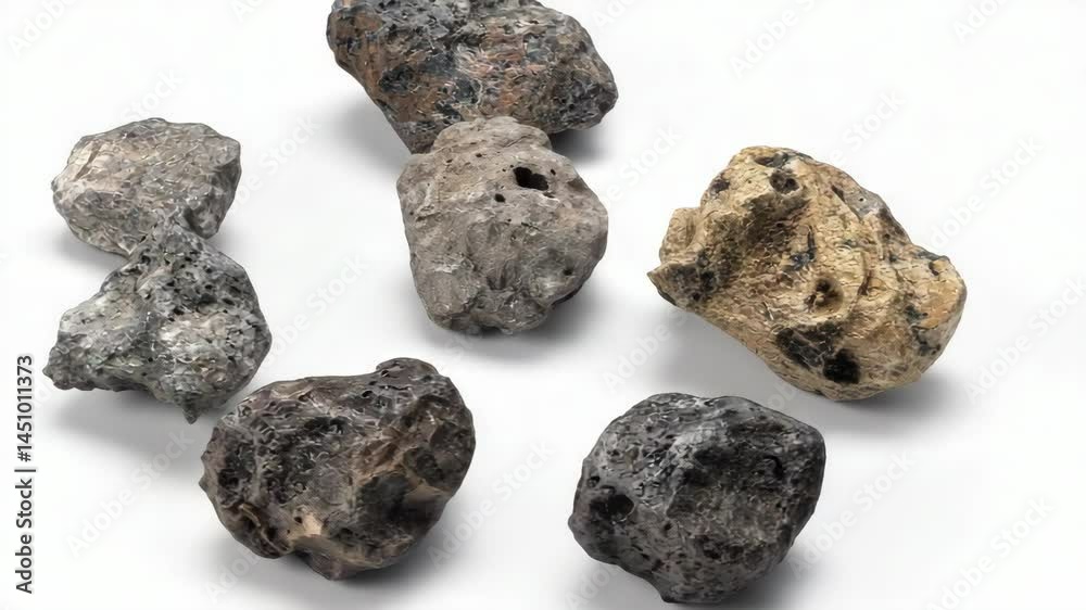 Collection of textured stones with porous surfaces on white backdrop, showcasing various sizes and colors of rough rock samples for geologic studies Collection of textured stones with porous surfaces on white backdrop, showcasing various sizes and colors of rough rock samples for geologic studies
