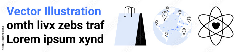 Shopping bag, global network of connected location pins, and atom structure with heart, representing commerce, connectivity, science, and passion. Ideal for technology, branding marketing Shopping bag, global network of connected location pins, and atom structure with heart, representing commerce, connectivity, science, and passion. Ideal for technology, branding marketing