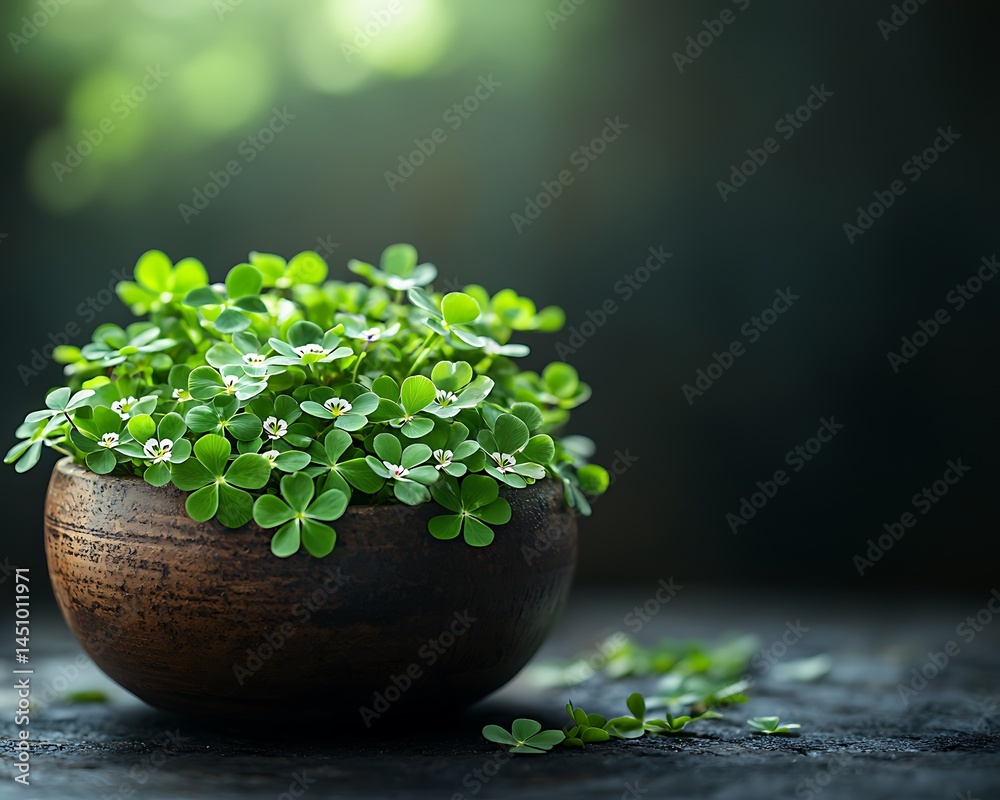 Lush green clover in rustic bowl Lush green clover in rustic bowl