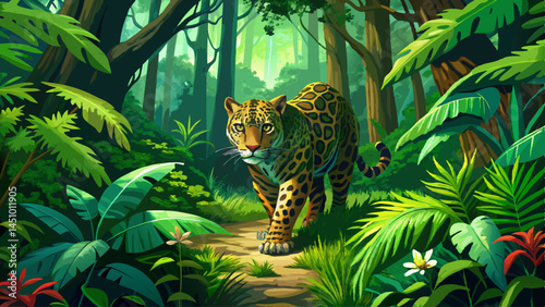 A jaguar stalking through dense rainforest, filtered light, lush foliage, mossy ground. Ultra-detailed, vivid green tones, realistic jungle mood