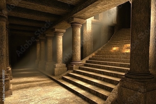 Ancient stone hallway with spiral staircase. Light beams through, illuminated columns, and shadowy depths