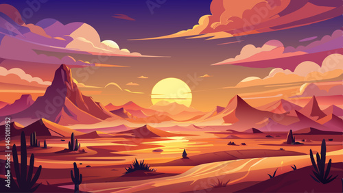 A glowing sunset paints warm hues over the endless desert landscape