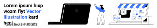 Woman gesturing toward online storefront with parcels, icons, and nearby laptop showing technology. Ideal for e-commerce, marketing, online shopping, logistics, delivery service, innovation simple