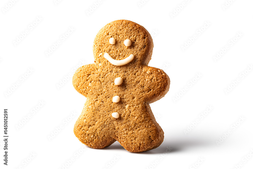 A smiling gingerbread man cookie standing against a clean white background A smiling gingerbread man cookie standing against a clean white background