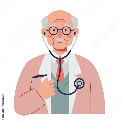 Elderly man with stethoscope - wise senior doctor with warm smile, his experienced hands and attentive gaze radiating professionalism and care.