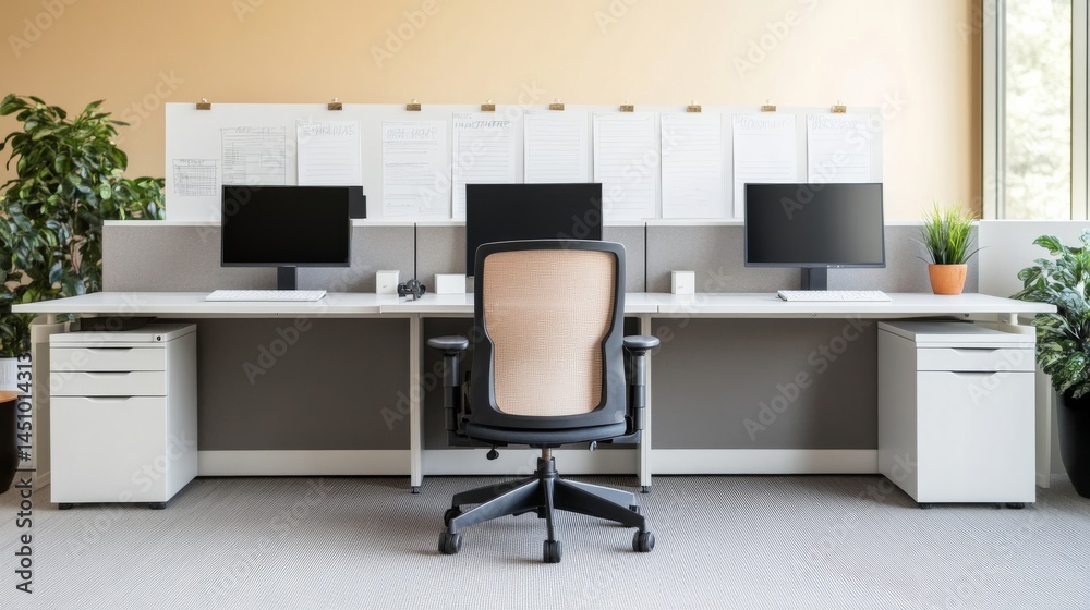 Fototapeta premium Minimalist Office Workspace with Ergonomic Chair and Desk Organizers, workplace, office design