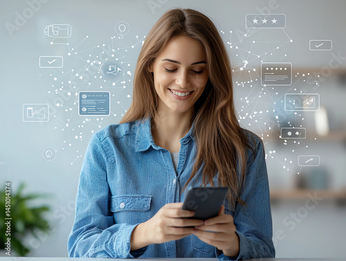 Obraz na płótnie woman using smartphone, smiling, with digital icons around her, representing communication and technology. scene conveys sense of connection and engagement w salonie