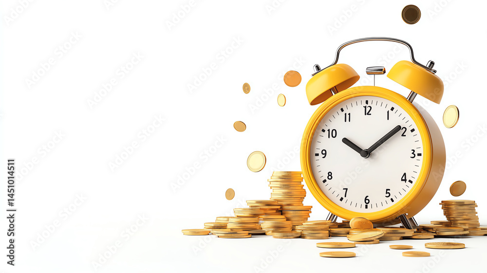 yellow alarm clock sits beside pile of coins, symbolizing value of time and money. scene conveys sense of urgency and financial awareness