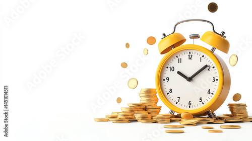 Obraz na płótnie yellow alarm clock sits beside pile of coins, symbolizing value of time and money. scene conveys sense of urgency and financial awareness w salonie