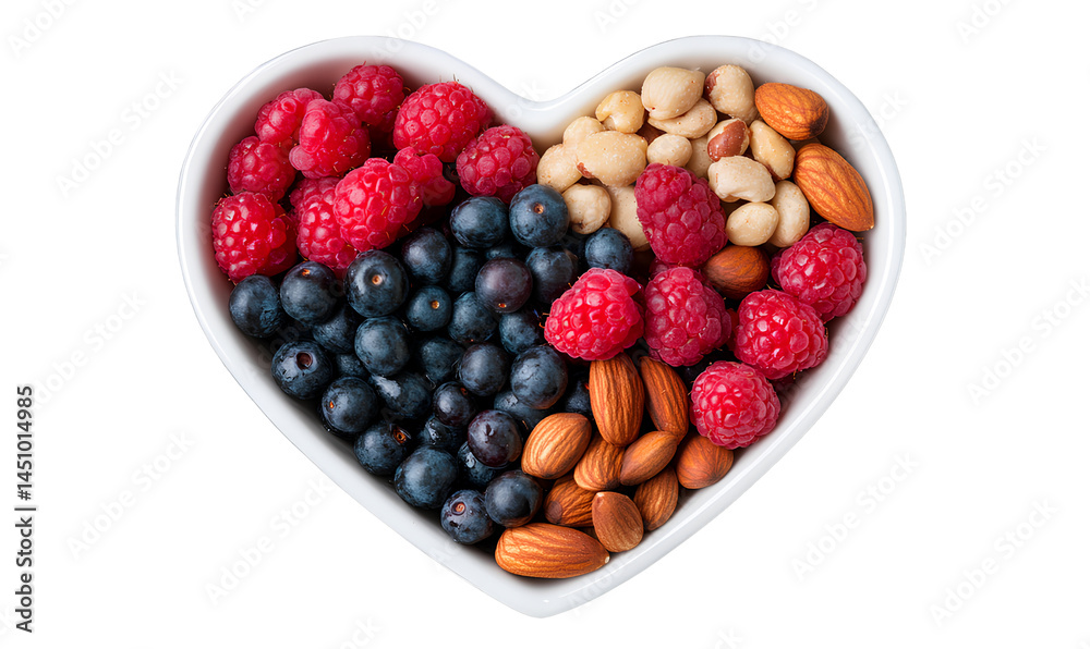  Heart-shaped bowl with a mix of nuts and berries, top view isolated on a transparent background