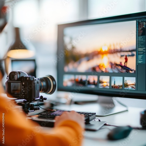 Photographer Editing Sunset Photos on Computer, photo editing , retouching