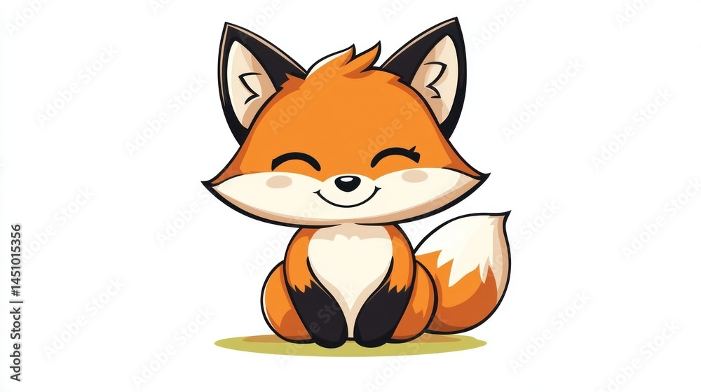 Obraz premium Cute cartoon fox sitting, smiling, with orange fur, black details. Happy expression, simple style