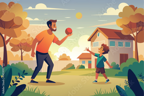 Father and son playing ball in the yard during sunset, enjoying quality time together in a cheerful atmosphere surrounded by a cozy home and lush greenery