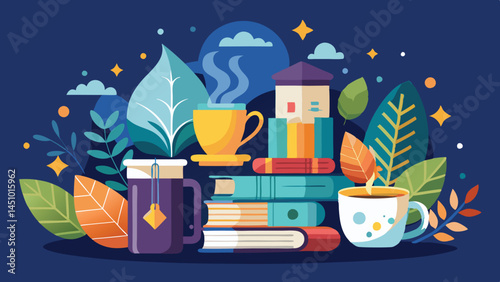 Colorful vector illustration of a cozy reading setup with books, a steaming cup, and plants in a calming night atmosphere